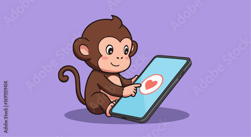 Cartoon monkey using smartphone and tapping on heart icon  