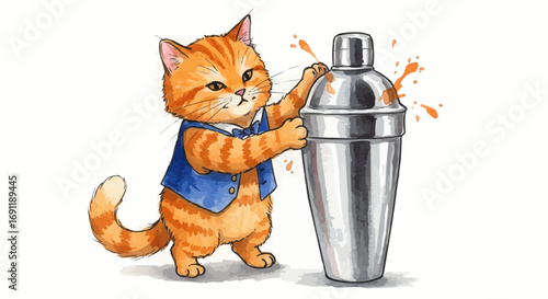 Cartoon cat shaking cocktail shaker in vibrant colors  