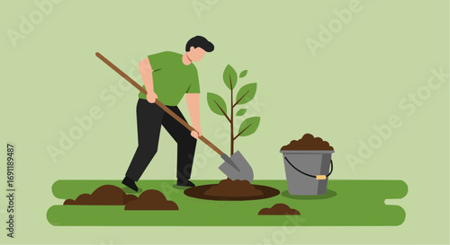 Man digging soil to plant a small tree in green garden  