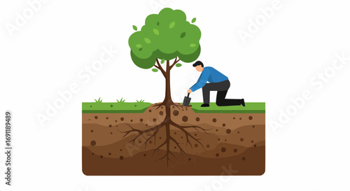 Man planting tree and digging roots in garden soil  