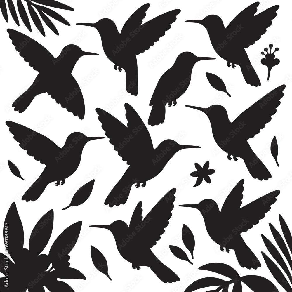 Obraz premium Black hummingbirds and foliage silhouettes flying wings spread