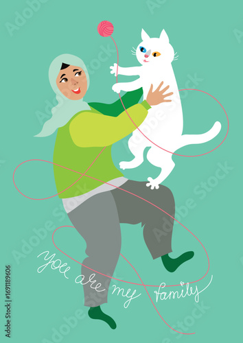 Happy muslim lady in hijab with white cat playing ball of thread, life with cat, connected by one thead, you are my family vector illustration