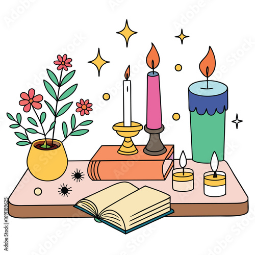 Cozy scene with lit candles, open book, and potted flowers Keywords: candle, lit candle, open book, potted