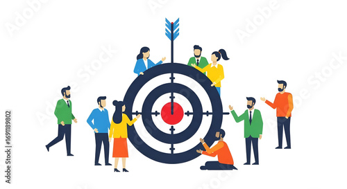 Business strategy and project management illustration — teamwork checklist, target archery, KPI progress and project growth concept