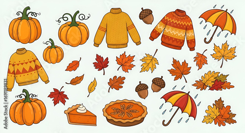 Autumn pattern collection — pumpkins, umbrellas, sweaters, leaves and acorns festive fall seamless illustration