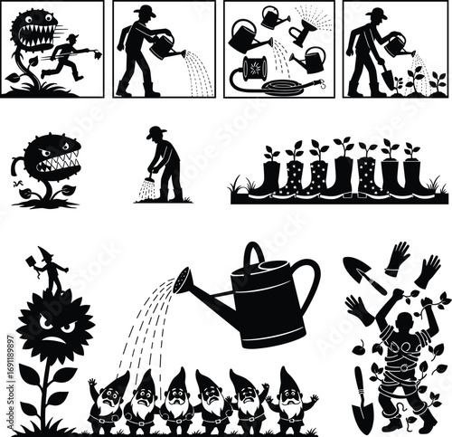 Funny gardening scenes with gnomes, giant plants, watering, tools, carnivorous flowers, and vegetable patch humor