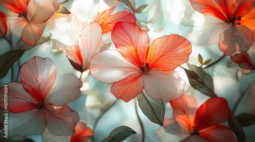 Soft Focus Floral Pattern with Red Orange and White Petals on Light Blue Background