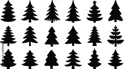 Black Christmas tree icons set, solid evergreen silhouettes and pine tree symbols for winter holiday design and festive decoration