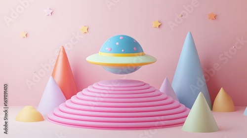 Colorful 3D Abstract Composition with Floating UFO and Geometric Shapes