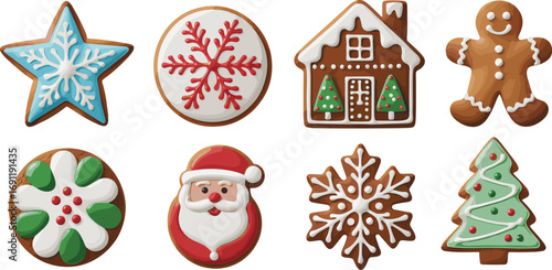 Christmas gingerbread cookies set – festive star, snowflake, house, Santa, gingerbread man, Christmas tree, colorful holiday cookie clipart vector