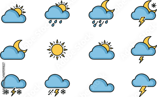 Weather forecast icon set with sun, moon, clouds, rain, snow, storm, lightning, thunder, climate conditions, flat vector illustration design elements