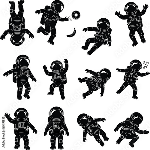 Silhouette astronauts floating, dancing, playing with donut and banana, waving, and drifting in space suits in various poses.