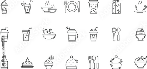 Food and drink line icons set including coffee cup, juice, fruit bowl, dessert, utensils, ice cream, bottle, soup bowl, and beverage symbols