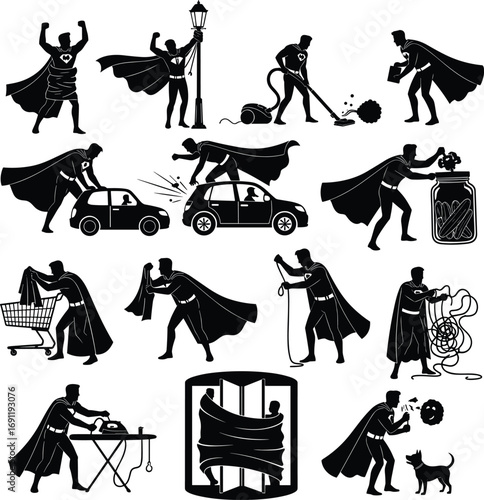 Silhouette superhero performing daily chores like vacuuming, shopping, untangling cords, fixing cars, and caring for pets in playful vector.