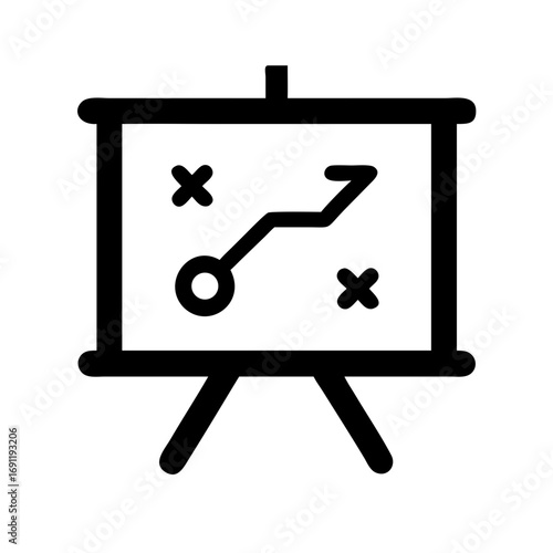 Presentation board displaying a strategic plan with an arrow and two x marks in a simple black outline