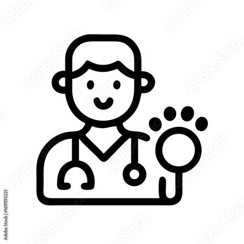 Outline drawing of a smiling veterinarian with stethoscope holding a paw print in black and white