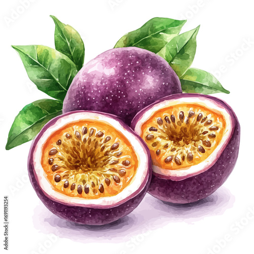 Passion Fruit, watercolor drawing vector, isolated on a white background.