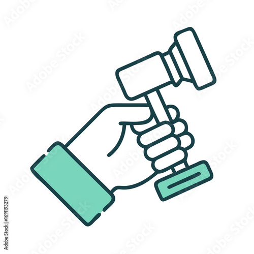 Illustration of a hand holding a gavel with a teal cuff and outline against a white background art