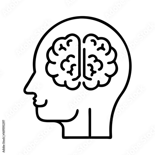 Outline of a human head in profile with a brain inside representing thought and intelligence clearly shown