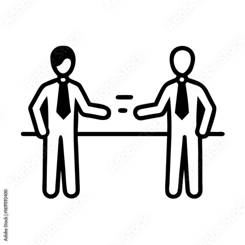 Two business people standing across a table with a negotiation or discussion in black and white style