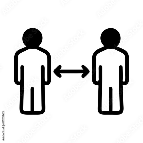 Illustration showing two figures standing apart with a double headed arrow between them for social distancing