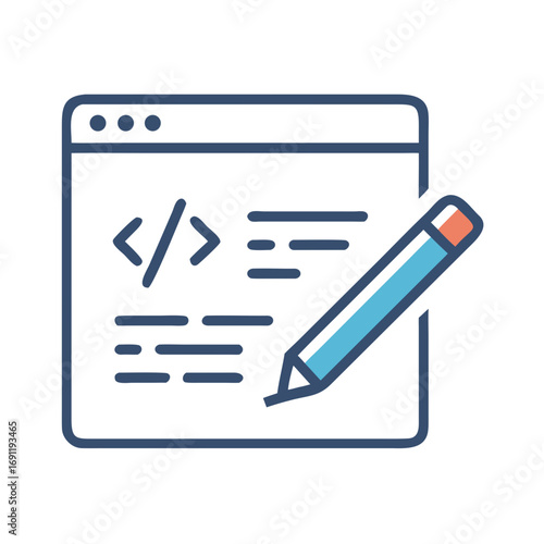 Illustration of a coding interface with html tags and a pencil for editing and writing code on screen