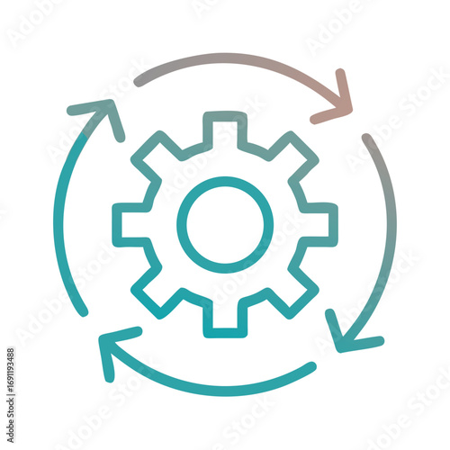 Illustration of a gear surrounded by three arrows in a circular motion with a teal and gray gradient color