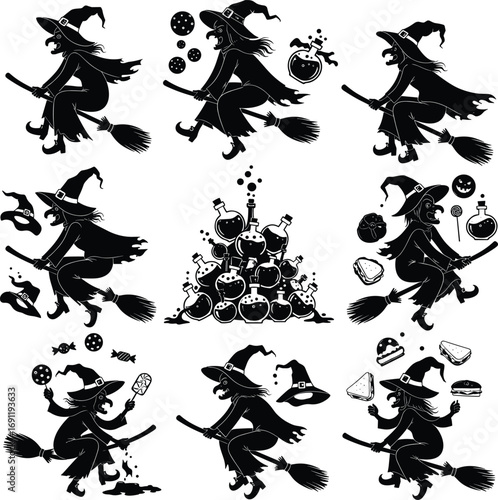 Silhouette witches flying on broomsticks, casting spells, holding potions, surrounded by magical objects, candies, hats, and Halloween themes.