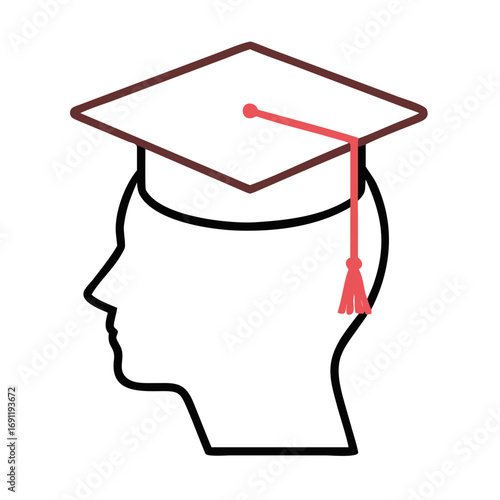 Illustration of a head profile wearing a graduation cap with a tassel on a white background view