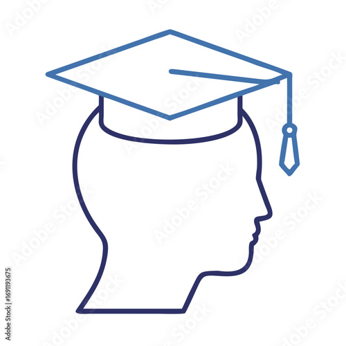 Outline of a head in profile wearing a graduation cap with tassel in blue and white color scheme art