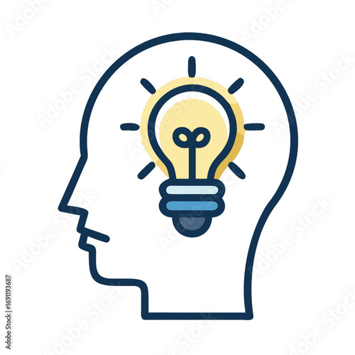Head outline containing a lit lightbulb representing an idea or thought process and creative thinking