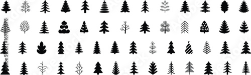 Silhouette pine and fir tree icons set, winter and Christmas evergreen tree collection, nature forest symbols in vector format