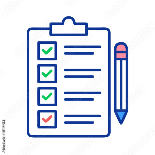 Illustration of a clipboard with check marks and lines next to a pencil on a white background design