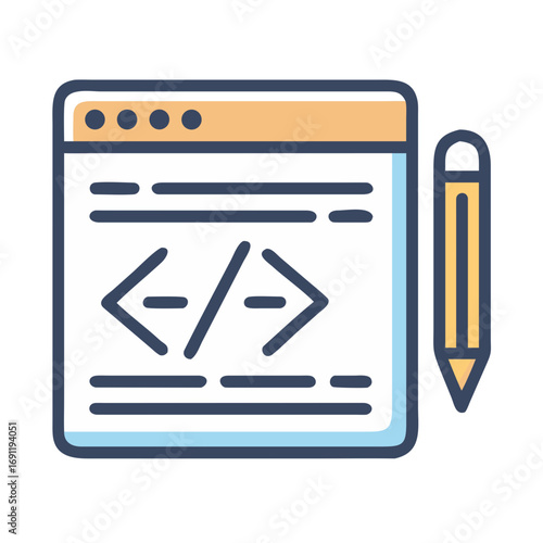 Illustration of code editor with code symbols and a pencil for software development and design work