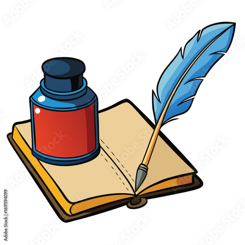 Open Book Inkwell and Blue Feather Quill Pen Vector Illustration Keywords: book, open book, inkwell, quill