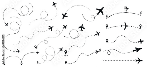 Airplane Route Vector Set with Dotted Flight Paths and Travel Icons