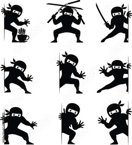 Silhouettes of ninja warriors in various combat poses, martial arts, stealth action, fighting stances, traditional Japanese ninjas, vector illustration.