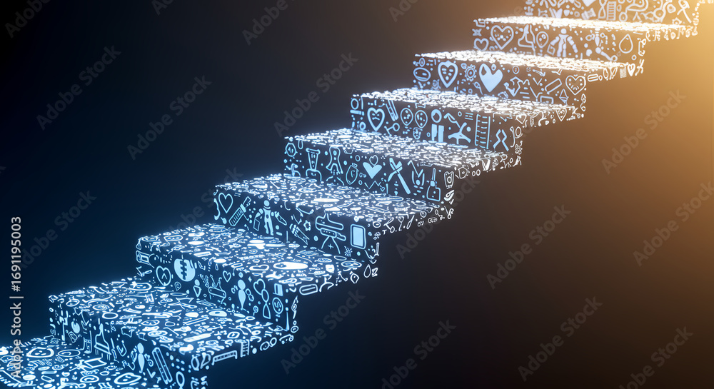 Obraz premium Rehabilitation Staircase with Physiotherapy Icons and Uplifting Light