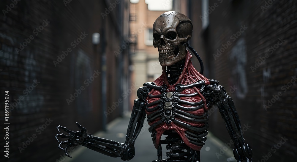 Fototapeta premium Robotic skeleton posing in urban alleyway with graffiti background 