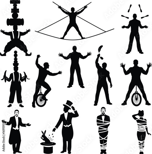 Silhouettes of performers in circus and magic acts, balancing, unicycling, rope walking, and magic tricks with ropes and hats