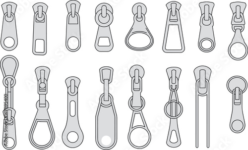 zipper pull designs, black and white vector, zipper slider styles, fashion accessory elements, sewing hardware illustrations, clothing fastener options, garment design components