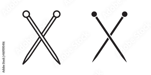 Knitting Needles icon,  Tailor logo template, fashion icon element, needlework instrument. Vector illustration with stroke and fill on a white background.