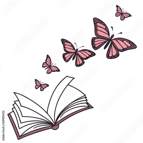 Open Book with Pink Butterflies Flying Outwards Keywords: book, open book, butterflies, pink butterflies