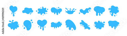 Water splash drop vector liquid puddle fluid shape cartoon icon set. Blue splash element tear blob design rain droplet.