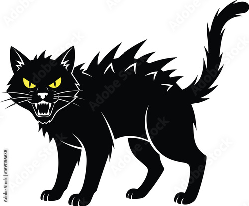 Aggressive black cat cartoon, Halloween silhouette, defensive feline pose, flat vector, cad drawing, stock image, spooky animal theme