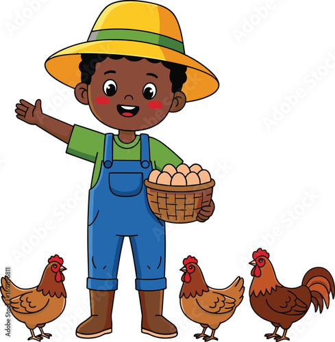 Cartoon child with chickens, egg basket, farm scene illustration, cheerful character, flat vector, cad drawing, stock image, rural theme
