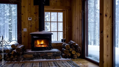 Cozy Cabin Interior with Fireplace and Snowy Forest View in Winter Season. Seamless looping 4k video background