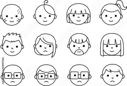 Cartoon human face set, diverse expressions and hairstyles, educational character grid, flat vector, cad drawing, stock image, emotion theme