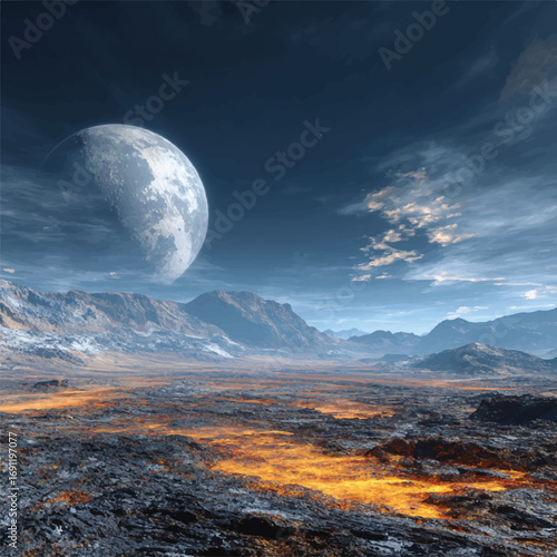 Majestic moonscape with molten lava flowing between rocks under a twilight sky and distant mountain ranges in the distance