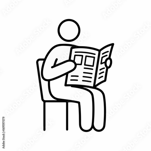 Focused individual calmly reading an open newspaper while seated, conveying a moment of relaxation, information gathering, or quiet contemplation in a simple, clean style.